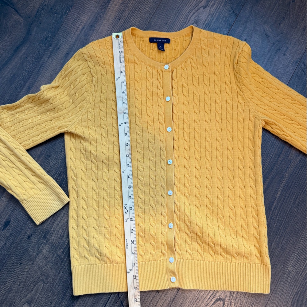 Lands End Women’s Cable Knit Mustard Yellow Cotton Cardigan Size Large - Picture 10 of 12